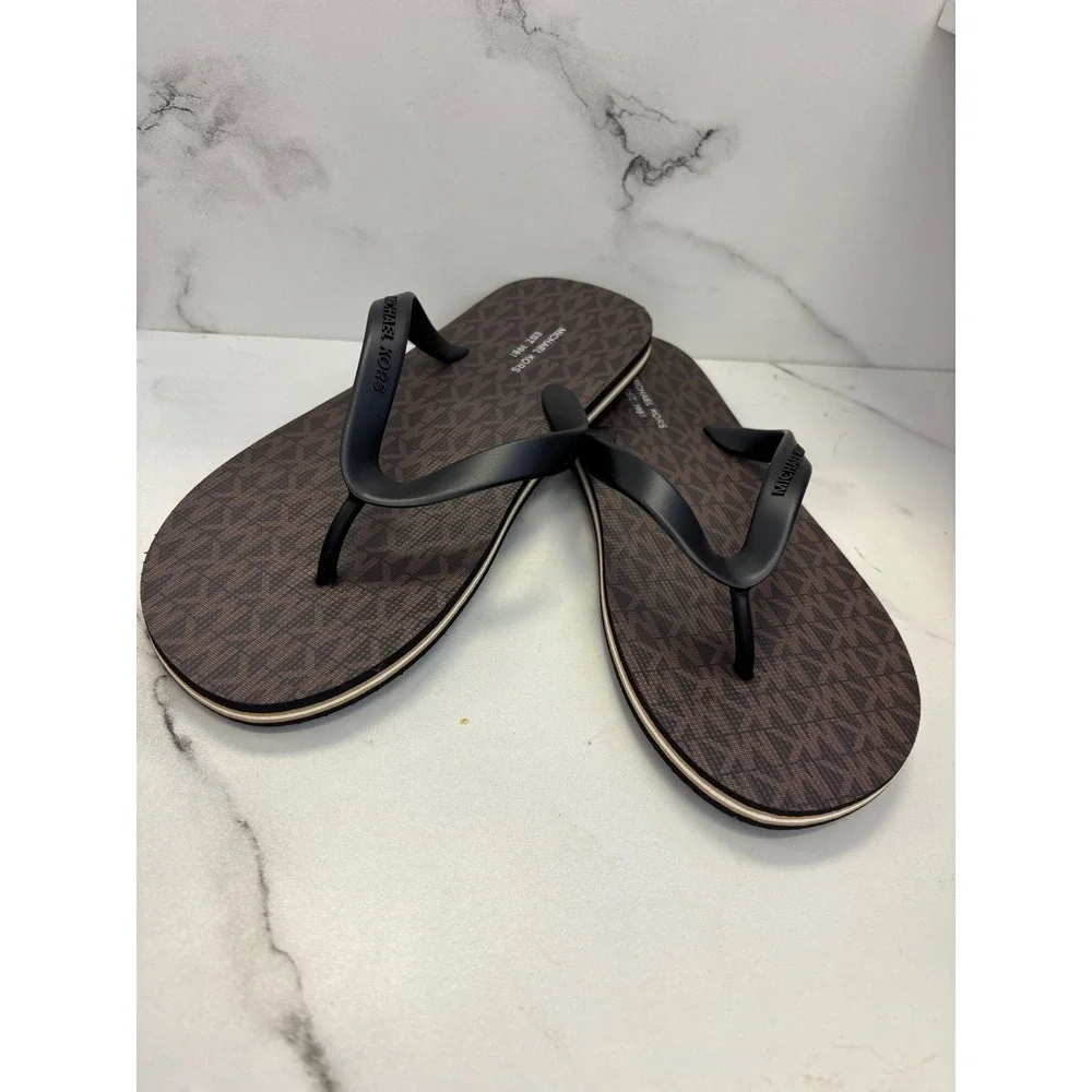 Michael Kors Travis Flip Flops Brown Black MK Logo Sandals 42S2TRFA2Q Mens 8